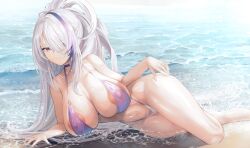 1girl areola_slip azur_lane bare_arms bare_legs beach bikini breasts closed_mouth covered_erect_nipples eyes_visible_through_hair hair_over_one_eye highleg highleg_bikini highres large_breasts long_hair lying multicolored_hair navel ocean on_side purple_bikini purple_eyes purple_hair solo streaked_hair swimsuit unzen_(azur_lane) unzen_(sojourn_through_clear_seas)_(azur_lane) white_hair yusha_m