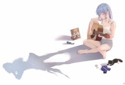 Rule 34 | 1girl, backlighting, bare arms, bare legs, barefoot, black cat, blue bow, blue bowtie, blue bra, blue hair, blue shorts, blush, bow, bowtie, unworn bowtie, bra, breasts, camisole, cat, cleavage, closed eyes, closed mouth, collarbone, comet, commentary, different shadow, dolphin shorts, drawstring, english commentary, envyvanity, eyelashes, full body, guitar, hair down, highres, holding, holding instrument, hololive, hoshimachi suisei, indian style, instrument, jewelry, medium hair, microphone, music, navel, unworn neckwear, picture frame, playing instrument, shadow, short shorts, shorts, sidelocks, signature, simple background, single vertical stripe, sitting, small breasts, smile, soles, solo, star (symbol), underwear, virtual youtuber, white background, white camisole, white cat