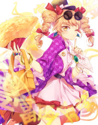 Rule 34 | 1girl, bag, bow, coat, commentary request, cowboy shot, dress, drill hair, earrings, eyewear on head, finger to mouth, hair bow, hand fan, handbag, hat, hat bow, holding, holding bag, holding fan, holding paper, index finger raised, jewelry, konnyaku (yuukachan 51), long sleeves, looking at viewer, mini hat, mini top hat, one eye closed, orange eyes, orange hair, paper, pendant, purple coat, red bow, ring, short hair, solo, standing, sunglasses, top hat, touhou, twintails, white bow, white dress, wide sleeves, yorigami jo&#039;on