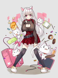 Rule 34 | 1girl, animal ears, belt, blush, breasts, cat, cat cutout, cat ears, cat slippers, cat tail, chibi, chips (food), cleavage, clothing cutout, collar, computer, cup, doughnut, drawing tablet, drinking glass, food, heart, keyboard (computer), large breasts, long hair, long sleeves, low-tied long hair, monitor, mouse (computer), original, pocky, potato chips, red eyes, skirt, slippers, sweater, sweets, tail, thighhighs, very long hair, white hair, yanagi yuu, zettai ryouiki