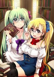 Rule 34 | 10s, 2girls, ahoge, bad id, bad pixiv id, bare shoulders, bespectacled, black legwear, blonde hair, blush, book, bookshelf, breasts, chair, cleavage, einhard stratos, frills, glasses, green eyes, green hair, hair ribbon, heterochromia, large breasts, library, long hair, long sleeves, looking at viewer, lyrical nanoha, mahou shoujo lyrical nanoha vivid, multiple girls, nagashiro rouge, aged up, open mouth, purple eyes, red eyes, ribbon, side ponytail, sitting, skirt, smile, thighhighs, tome of the night sky, twintails, very long hair, vivio