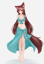 Rule 34 | 1girl, absurdres, animal ears, arm behind back, barefoot, bikini, blue bikini, blush, breasts, brown hair, cleavage, collarbone, hashi2387, highres, imaizumi kagerou, large breasts, long hair, looking at viewer, looking away, navel, red eyes, simple background, solo, standing, swimsuit, tail, touhou, white background, wolf ears, wolf tail