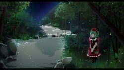 Rule 34 | 1girl, :o, bad id, bad pixiv id, black footwear, blush, boots, commentary request, cross-laced footwear, fireflies, forest, front ponytail, green eyes, green hair, hair ribbon, kagiyama hina, knee boots, letterboxed, long hair, looking to the side, mountain, nature, night, night sky, outdoors, own hands together, poco (zdrq3), red shirt, red skirt, ribbon, river, rock, scenery, shirt, short sleeves, skirt, sky, solo, standing, star (sky), starry sky, touhou, v arms, water, waterfall, wide shot