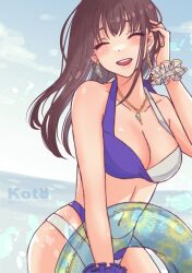 Rule 34 | 1girl, bikini, black hair, blue bikini, breasts, cleavage, closed eyes, collarbone, commentary request, earrings, goddess of victory: nikke, hair flip, highres, holding, holding swim ring, i (kotombre 0370), innertube, jewelry, large breasts, long hair, marian (nikke), medium breasts, multicolored clothes, navel, necklace, open mouth, outdoors, req (reqlue), sidelocks, solo, swim ring, swimsuit, teeth, upper teeth only, white bikini, wristband