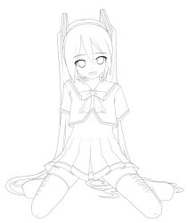 Rule 34 | 1girl, arms behind back, bad id, bad pixiv id, eto, greyscale, hatsune miku, kneeling, lineart, long hair, looking at viewer, monochrome, school uniform, serafuku, smile, solo, thighhighs, twintails, very long hair, vocaloid, zettai ryouiki