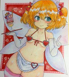 Rule 34 | 1girl, alternate costume, apron, bikini, blue eyes, blush, bow, breasts, closed mouth, collarbone, commentary request, cowboy shot, double-parted bangs, dutch angle, elbow gloves, fairy wings, food, frilled bikini top, front-tie bikini top, front-tie top, gloves, hair bow, hand up, headdress, heart, holding, holding tray, ice cream, index finger raised, legs together, navel, orange hair, photo (medium), pink thighhighs, red bikini, red bow, shikishi, shiny skin, short hair, sideways glance, small breasts, smile, solo, striped clothes, striped thighhighs, sunny milk, swimsuit, thick thighs, thighhighs, thighs, touhou, traditional media, tray, two side up, waist apron, washiwa, white apron, white gloves, wings