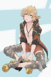 Rule 34 | 10s, 1boy, armor, blonde hair, blue background, blue eyes, boots, feather (granblue fantasy), flipped hair, full body, granblue fantasy, gucha (netsu), indian style, jacket, jewelry, looking up, male focus, navel, necklace, open clothes, open jacket, topless male, shorts, sitting, solo, sweat
