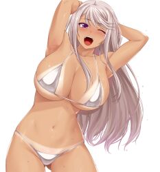 Rule 34 | 1girl, armpits, arms behind head, arms up, bare shoulders, bikini, blush, breasts, cleavage, collarbone, grey hair, highres, large breasts, long hair, looking at viewer, namidame, navel, open mouth, original, purple eyes, sidelocks, silver bikini, solo, swimsuit, tan, tanline, thighs