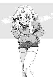 Rule 34 | 10s, 1girl, blush, breath, cold, commentary, girls und panzer, greyscale, grin, hair intakes, hands in pockets, jacket, kay (girls und panzer), leaning forward, long hair, long sleeves, looking at viewer, military, military uniform, mituki (mitukiiro), monochrome, saunders military uniform, short shorts, shorts, smile, solo, standing, thighhighs, uniform, v-shaped eyebrows
