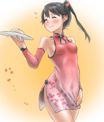 Rule 34 | 1girl, armpits, black hair, breasts, cake, china dress, chinese clothes, closed eyes, closed mouth, dress, floral print, flower, food, hair between eyes, highres, houshou (kancolle), kantai collection, long hair, plate, ponytail, red dress, short dress, sideboob, small breasts, solo, tama (tamago)