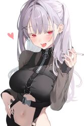 Rule 34 | 1girl, black shirt, blush, breasts, cigarette, grey hair, heart, highres, holding, holding cigarette, indie virtual youtuber, large breasts, long hair, long sleeves, looking at viewer, navel, open mouth, piercing, pink eyes, shirt, simple background, smile, solo, standing, tenkyu zakuro, tongue, tongue out, tongue piercing, upper body, white background, yuita (yuita17)