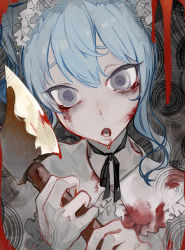 Rule 34 | 1girl, axe, blood, blood on clothes, blood on face, bloody weapon, blue hair, grey eyes, highres, holding, holding axe, hololive, hoshimachi suisei, looking at viewer, open mouth, pale skin, solo, tears, teeth, toro3, virtual youtuber, weapon