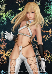 Rule 34 | 1girl, alternate costume, bad id, bad pixiv id, black eyes, blonde hair, breasts, choker, commission, dead or alive, dead or alive 5, gloves, legs apart, long hair, looking at viewer, marie rose, navel, nefrubi, patreon username, revealing clothes, small breasts, smile, solo, standing, watermark, web address, white background