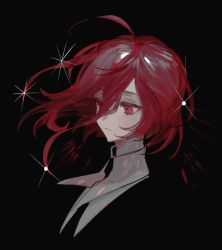 Rule 34 | 1other, ahoge, androgynous, bad id, bad twitter id, black background, black necktie, cinnabar (houseki no kuni), closed mouth, collared shirt, glint, hair between eyes, houseki no kuni, lunch (lunchicken), necktie, portrait, red eyes, red hair, shirt, short hair, solo, white shirt, wing collar
