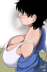 Rule 34 | 1girl, absurdres, blush, breasts, breath, freckles, from side, glasses, highres, jacket, jane (nesz), large breasts, nesz r, shirt, sideboob, signature, solo, sweat, t-shirt, taking off
