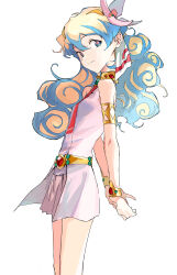 Rule 34 | + +, 1girl, absurdres, armlet, arms behind back, bare shoulders, blonde hair, blue eyes, blue hair, bracelet, closed mouth, commentary, dress, from side, hair between eyes, hair ribbon, highres, jewelry, long hair, looking at viewer, mou (piooooon), multicolored hair, necktie, nia teppelin, pink dress, pink skirt, red necktie, ribbon, skirt, skirt under dress, sleeveless, sleeveless dress, smile, solo, symbol-shaped pupils, tengen toppa gurren lagann, two-tone hair, white background