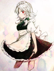 Rule 34 | 1girl, apron, back bow, black dress, blood, blood on face, bloody weapon, blouse, bow, bowtie, braid, breasts, brown pantyhose, closed mouth, collared shirt, commentary request, dress, eyes visible through hair, frills, gradient background, green bow, green bowtie, grey hair, hair bow, highres, izayoi sakuya, knife, looking at viewer, maid, maid headdress, medium breasts, pantyhose, puffy short sleeves, puffy sleeves, purple background, red eyes, shirt, short hair, short sleeves, solo, standing, tama (hiroshige 36), touhou, twin braids, weapon, white apron, white background, white bow, white shirt, yellow background