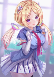 Rule 34 | 1girl, aki rosenthal, aki rosenthal (1st costume), blonde hair, blue jacket, blush, breasts, collared dress, commentary request, cowboy shot, detached hair, dress, elbow gloves, gloves, hair ornament, highres, hololive, jacket, large breasts, leaning forward, long hair, looking at viewer, necktie, open mouth, parted bangs, purple eyes, red necktie, short sleeves, smile, solo, standing, twintails, virtual youtuber, white dress, white gloves, yuano