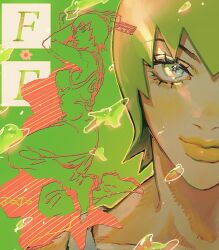 Rule 34 | 1girl, closed mouth, copyright name, foo fighters (jojo), full body, green background, green hair, highres, jojo no kimyou na bouken, long eyelashes, looking at viewer, multiple views, nostrils, pipopubebu, portrait, short hair, solo, sparkle, stone ocean, yellow lips