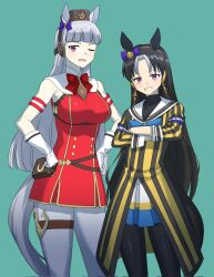 Rule 34 | 2girls, animal ears, aqua background, armband, belt, belt pouch, black coat, black hair, black pantyhose, blue armband, blunt bangs, blunt ends, bow, bowtie, brown hairband, brown headwear, coat, commentary, crossed arms, dress, ear bow, fukuro (maruaru00), genderswap, genderswap (mtf), gloves, gold ship (umamusume), grey hair, grin, hairband, headgear, highres, horse ears, horse girl, horse tail, long hair, long sleeves, looking at viewer, multicolored coat, multicolored hair, multiple girls, one eye closed, original, pantyhose, personification, pillbox hat, pouch, purple bow, purple eyes, red armband, red bow, red bowtie, red dress, reins, sailor collar, simple background, sleeveless, sleeveless dress, smile, stay gold (racehorse), striped, striped coat, tail, thigh strap, two-tone coat, two-tone hair, umamusume, white gloves, white pantyhose, white sailor collar, yellow coat