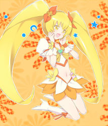 Rule 34 | 10s, 1girl, ayamoto, blonde hair, boots, bow, brooch, cure sunshine, floral background, hair ribbon, heart, heart brooch, heartcatch precure!, jewelry, knee boots, long hair, magical girl, midriff, myoudouin itsuki, orange background, orange bow, orange skirt, orange theme, precure, ribbon, skirt, solo, twintails, very long hair, yellow bow, yellow eyes