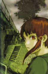 Rule 34 | 1990s (style), 1girl, abe yoshitoshi, artbook, bridge, brown eyes, brown hair, female focus, hair ornament, hairclip, highres, iwakura lain, looking back, official art, outdoors, plant, portrait, railing, retro artstyle, scan, serial experiments lain, short hair, sky, solo, stairs, tree