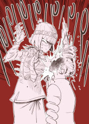 Rule 34 | 1boy, 1girl, afterimage, angry, arms (game), beanie, blood, chinese clothes, domino mask, drill hair, emphasis lines, hat, highres, mask, min min (arms), monochrome, motion lines, nintendo, nosebleed, pompadour, red background, shaded face, short hair, slapping, sound effects, spring man (arms), standing, tibonobannsann