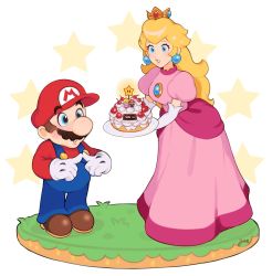 Rule 34 | 1boy, 1girl, blonde hair, blouse, blue eyes, blue overalls, brown hair, cake, crown, dress, earrings, english text, facial hair, fingers together, food, gloves, highres, jewelry, jivke, long hair, looking at another, mar10, mar10th, mario, mario (series), mustache, nintendo, open mouth, overalls, pink dress, princess peach, red shirt, shirt, simple background, sphere earrings, star (symbol), super star (mario), surprised, thank you, white background, white gloves, wide-eyed