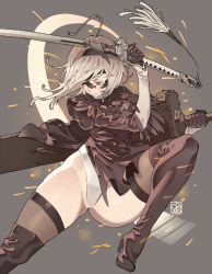 Rule 34 | 1girl, black blindfold, black dress, black hairband, blindfold, blue eyes, boots, cleavage cutout, clothing cutout, dress, feather-trimmed sleeves, gloves, hairband, high heel boots, high heels, highleg, highleg leotard, highres, holding, holding sword, holding weapon, juliet sleeves, katana, leather, leather boots, leotard, long sleeves, mole, mole under mouth, nier (series), nier:automata, poch4n, puffy sleeves, silver hair, sword, thigh boots, thighhighs, thighhighs under boots, weapon, white leotard, 2b (nier:automata)