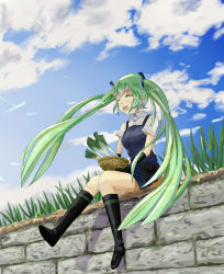 Rule 34 | 1girl, :d, ^ ^, apron, basket, black footwear, blue sky, boots, brick wall, closed eyes, cloud, collared shirt, day, facing away, foot dangle, full body, grass, green hair, happy, hatsune miku, long hair, no socks, open mouth, outdoors, ryoun, shirt, short sleeves, shorts, sitting, sky, smile, solo, spring onion, sunlight, twintails, very long hair, vocaloid, wall, white shirt