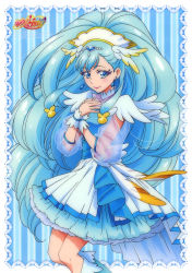 Rule 34 | 10s, 1girl, absurdres, artist name, blue background, blue dress, blue eyes, blue footwear, blue hair, blue theme, blush, boots, breasts, collarbone, cure ange, dress, earrings, framed image, hair ornament, hands on own chest, headdress, highres, hugtto! precure, jewelry, kawamura toshie, layered dress, light blue dress, light blue hair, logo, long hair, looking at viewer, magical girl, matching hair/eyes, medium breasts, multicolored clothes, multicolored dress, official art, own hands together, pink lips, precure, see-through, see-through sleeves, smile, solo, striped, striped background, vertical stripes, very long hair, white dress, yakushiji saaya