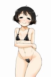 Rule 34 | 1girl, :q, arm behind back, arm grab, black bra, black eyes, black hair, black panties, blush, bra, breasts, c-string, closed mouth, cowboy shot, girls und panzer, groin, half-closed eyes, highres, looking at viewer, micro bra, nana (manaita koumuten), naughty face, navel, panties, short hair, simple background, small breasts, smile, solo, standing, strapless bottom, thigh gap, thighs, tongue, tongue out, underwear, underwear only, utsugi yuuki, white background