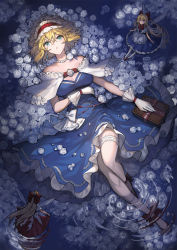 Rule 34 | 3girls, adapted costume, alice margatroid, blonde hair, blue dress, blue eyes, book, breasts, capelet, cleavage, dress, earrings, frilled hairband, frills, full body, gloves, hairband, highres, jewelry, lolita hairband, long hair, looking at viewer, lying, multiple girls, necklace, on back, open mouth, partially submerged, red hairband, shanghai doll, short hair, touhou, vetina, white capelet, white gloves, wings, wrist cuffs