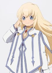 Rule 34 | 1girl, aoki (fumomo), arm at side, blonde hair, blue eyes, closed mouth, colette brunel, gem, hand up, jewelry, long hair, long sleeves, looking at viewer, neck ring, smile, solo, tales of (series), tales of symphonia