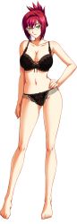 Rule 34 | 1girl, barefoot, bishop (company), black bra, black panties, bow, bow bra, bow panties, bra, breasts, cleavage, contrapposto, full body, glasses, green eyes, hair up, hand on own hip, highres, kagami hirotaka, kyouiku shidou, lace, lace bra, lace panties, large breasts, looking at viewer, midou eriko, mole, mole under eye, panties, red hair, solo, transparent background, underwear