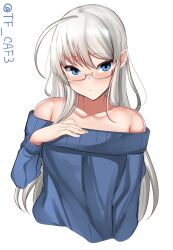 Rule 34 | 1girl, ahoge, bare shoulders, blue eyes, blue sweater, breasts, glasses, grey hair, heywood l. edwards (kancolle), highres, kantai collection, long hair, long sleeves, looking at viewer, medium breasts, off-shoulder sweater, off shoulder, solo, sweater, tf cafe, twitter username, upper body, white background