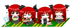 Rule 34 | &gt;:), 1girl, :3, = =, ^ ^, bat wings, blush, bowl, cake, chibi, closed eyes, cooking, dress, electric fan, embodiment of scarlet devil, eyebrows, female focus, food, fruit, gloves, happy, head wings, heart, icing, kneeling, koakuma, long hair, mini person, minigirl, multiple views, musical note, necktie, open mouth, oven mitts, pastry, pun, red eyes, red hair, sequential, smile, standing, standing on one leg, strawberry, touhou, v-shaped eyebrows, very long hair, whisk, wings, yamato damashi