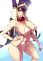 Rule 34 | 1girl, bifidus, bikini, breasts, brown eyes, brown hair, cleavage, commentary request, cowboy shot, fate/grand order, fate (series), gradient background, hand on own hip, hay, headdress, large breasts, long hair, looking at viewer, navel, shadow, smile, solo, swimsuit, white background, white bikini, xuangzang sanzang (fate)
