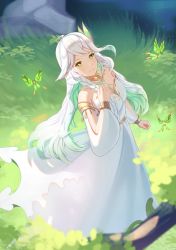 Rule 34 | 1girl, bare shoulders, braid, bug, butterfly, commentary request, detached sleeves, dress, flower-shaped pupils, genshin impact, green eyes, grin, hair ornament, hand on own chest, highres, insect, lan qiandai, long hair, long sleeves, looking at viewer, nahida (genshin impact), puffy long sleeves, puffy sleeves, rukkhadevata (genshin impact), sleeveless, sleeveless dress, smile, solo, spoilers, symbol-shaped pupils, teeth, white dress, white hair