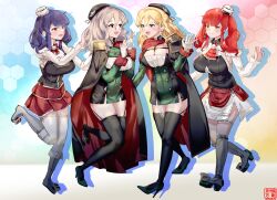 Rule 34 | 4girls, ascot, azur lane, beret, black headwear, black thighhighs, blonde hair, blue hair, blush, boots, braid, breasts, brown eyes, cape, cleavage, commission, cosplay, costume switch, crossover, epaulettes, gloves, green headwear, grey hair, hat, high heels, highres, historical name connection, igarashi mangou, kantai collection, large breasts, leg up, long hair, long sleeves, mini hat, mole, mole under eye, multiple girls, name connection, open mouth, pixiv commission, pola (azur lane), pola (azur lane) (cosplay), pola (kancolle), pola (kancolle) (cosplay), red eyes, red hair, side braid, sidelocks, simple background, skirt, smile, thigh strap, thighhighs, twintails, white gloves, white headwear, white thighhighs, zara (azur lane), zara (azur lane) (cosplay), zara (kancolle), zara (kancolle) (cosplay)