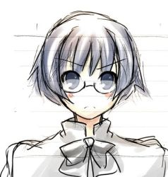Rule 34 | 10s, 1girl, blue eyes, blue hair, blush stickers, bow, glasses, hakamichi shizune, katawa shoujo, lowres, matching hair/eyes, mute, simple background, sketch, solo, v-shaped eyebrows, white background