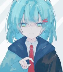 Rule 34 | 1girl, aqua hair, artist name, black jacket, blue eyes, blue hair, blue jacket, blue pupils, blue sclera, closed mouth, collared shirt, colored sclera, commentary request, crying, crying with eyes open, curtained hair, grey background, hair between eyes, hair ornament, hand up, highres, hood, hood down, index finger raised, izu (izu 16016), jacket, light blue hair, long hair between eyes, looking at viewer, medium hair, necktie, red necktie, shirt, signature, simple background, solo, straight-on, tears, tuyu (band), two side up, white background, white shirt, yappari ame wa furunda ne