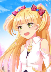 Rule 34 | 1girl, :d, azuma kei, blonde hair, blue sky, bow, cherry blossoms, clothing cutout, day, dress shirt, fangs, floating hair, green eyes, hair bow, heart, heart necklace, idolmaster, idolmaster cinderella girls, jewelry, jougasaki rika, long hair, necklace, open mouth, outdoors, red bow, shirt, shoulder cutout, sky, smile, solo, twintails, two side up, upper body, very long hair, white shirt