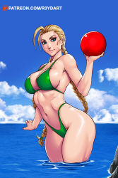 Rule 34 | 1girl, bikini, blonde hair, blue eyes, braid, breasts, cammy white, capcom, cleavage, curvy, day, female focus, green bikini, highleg, highleg bikini, highres, large breasts, long hair, looking at viewer, patreon, r3ydart, shiny skin, sideboob, sky, smile, solo, street fighter, swimsuit, thighs, thong, twin braids, very long hair, wading, water