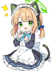 Rule 34 | 1girl, animal ear headphones, animal ears, apron, back bow, blonde hair, blue archive, bow, cat ear headphones, cat ears, cat tail, dress, fake animal ears, fake tail, frilled dress, frills, green eyes, hair bow, halo, headphones, highres, kotatsu-mazoku, long sleeves, looking at viewer, low twintails, maid, maid headdress, midori (blue archive), midori (maid) (blue archive), neck ribbon, ribbon, solo, sparkle, tail, twintails