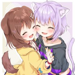 Rule 34 | 2girls, absurdres, ahoge, animal ear fluff, animal ears, blush, bone hair ornament, braid, brown hair, cat ears, cat tail, cheek-to-cheek, closed eyes, collar, collarbone, commentary request, dog ears, dog tail, fang, hair between eyes, hair ornament, heads together, highres, holding hands, hololive, inugami korone, inugami korone (1st costume), long sleeves, multiple girls, nail polish, nekomata okayu, nekomata okayu (1st costume), nufucha, purple hair, skin fang, tail, twin braids, virtual youtuber, yellow nails
