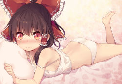 Rule 34 | &gt;:(, 1girl, ass, barefoot, black hair, blush, bow, butt crack, camisole, frown, hair bow, hair tubes, hakurei reimu, leg up, long hair, looking at viewer, lying, minamura haruki, on stomach, panties, pillow, ponytail, red bow, red eyes, sidelocks, soles, solo, strap slip, tears, touhou, underwear, underwear only, v-shaped eyebrows, white panties