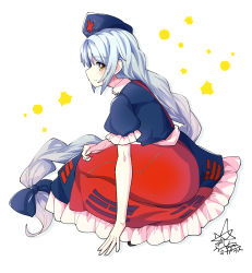 Rule 34 | 1girl, blue bow, blue hat, bow, braid, closed mouth, commentary request, constellation, constellation print, cross, dress, from side, full body, grey hair, hat, hat bow, highres, long hair, looking at viewer, multicolored clothes, multicolored dress, nurse cap, partial commentary, red cross, short sleeves, signature, simple background, single braid, sitting, smile, solo, touhou, trigram, umigarasu (kitsune1963), very long hair, white background, yagokoro eirin, yellow eyes