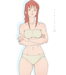 Rule 34 | 1girl, absurdres, braid, braided ponytail, breasts, chainsaw man, commentary, crossed arms, english commentary, highres, looking at viewer, makima (chainsaw man), marc brunet, medium breasts, medium hair, midriff, red hair, ringed eyes, sidelocks, simple background, sketch, solo, strapless, tube top, white background, white tube top, yellow eyes