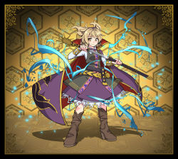 Rule 34 | 1girl, belt, black border, blonde hair, boots, border, bracelet, brown footwear, cape, collared shirt, dress, earmuffs, full body, high heel boots, high heels, holding, holding sword, holding weapon, jewelry, kikumon, layered clothes, long sleeves, looking at viewer, no socks, pointy hair, scabbard, sheath, shirt, short hair, skirt, sleeveless, sleeveless dress, smile, solo, standing, sword, touhou, toyosatomimi no miko, umigarasu (kitsune1963), unsheathing, vest, weapon, wing collar, yellow eyes
